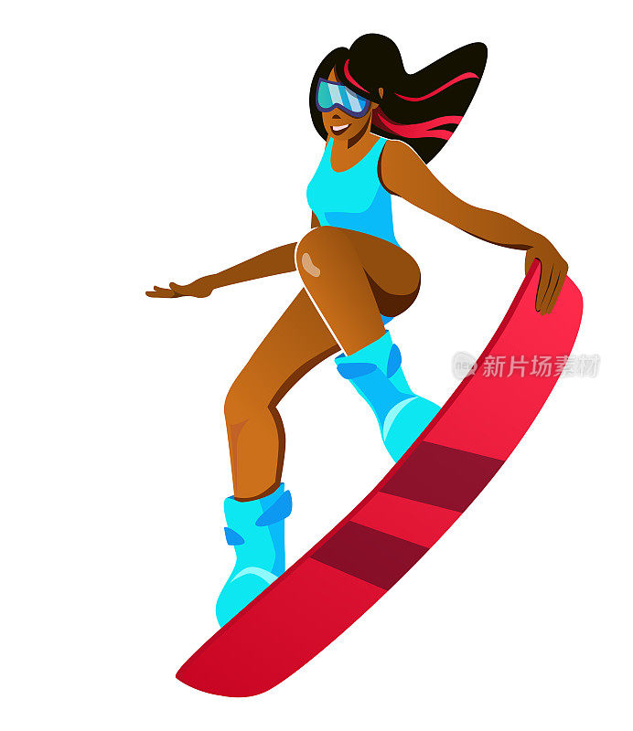 黑色女孩的彩色头发在自行车上滑雪或风筝在一个跳跃。矢量插图。冬季运动，女人在运动。滑雪板跳跃。