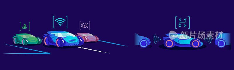 智能无人驾驶汽车平面彩色矢量插图。蓝色背景下具有不同自动化级别和驾驶员辅助功能的车辆。拥有智能控制系统的汽车