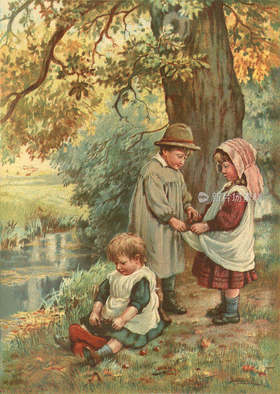孩子们在河边捡七叶树果
