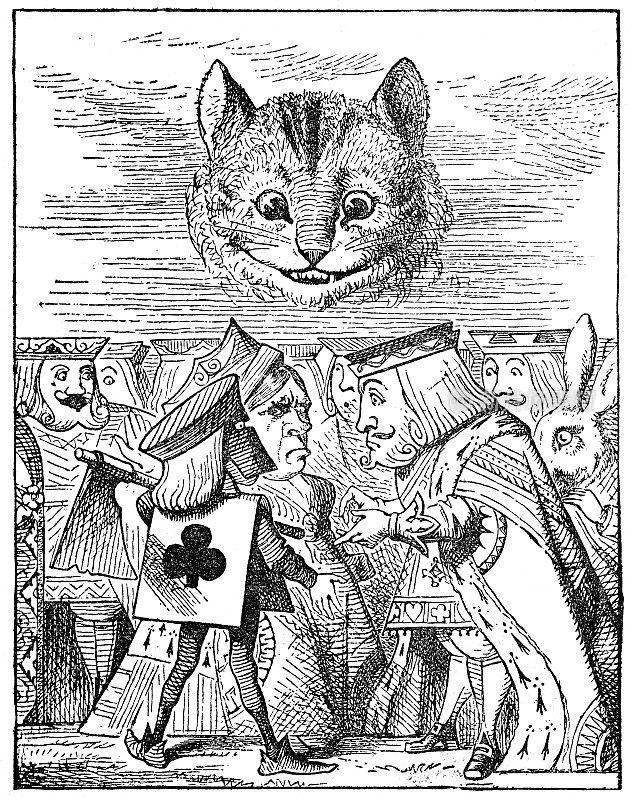 柴郡猫对着国王和王后微笑――1897年《爱丽丝梦游仙境》