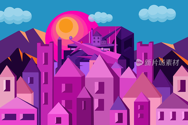 紫色的未来城市景观