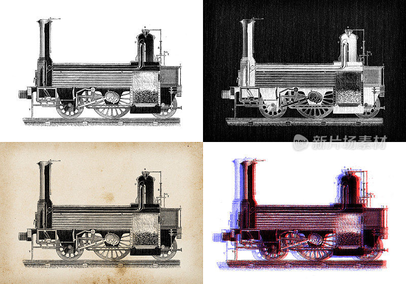 科学发现的古董插图:蒸汽动力机车