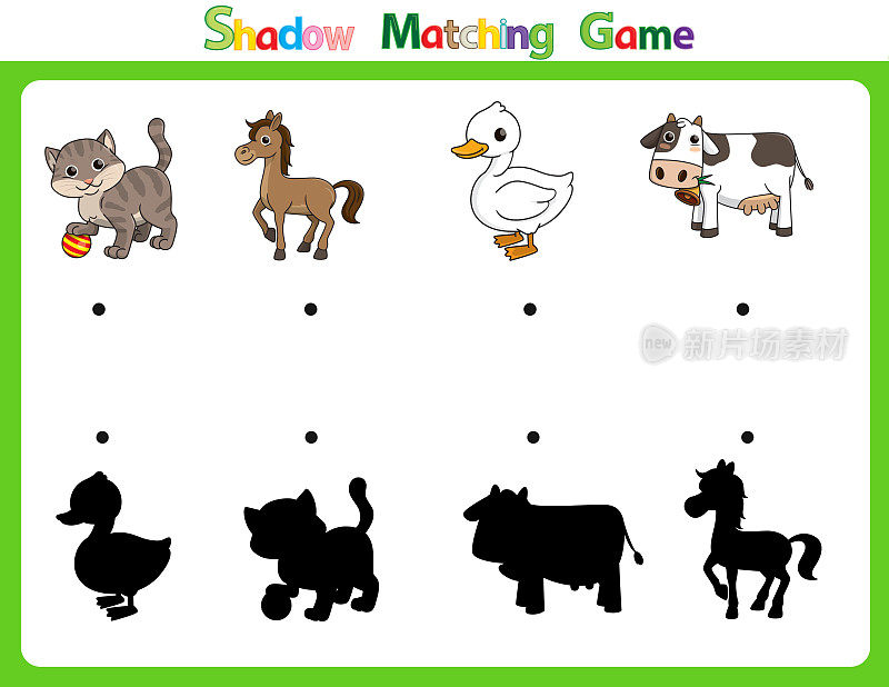 矢量插图学习字母阴影的小写和大写的儿童与4卡通图像。猫，马，鸭子，奶牛。
