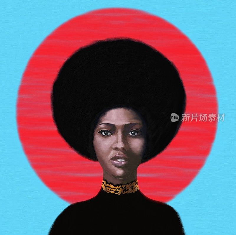 非洲风格的年轻女子法拉希的肖像。在日轮的背景下，女孩露出了完整的脸