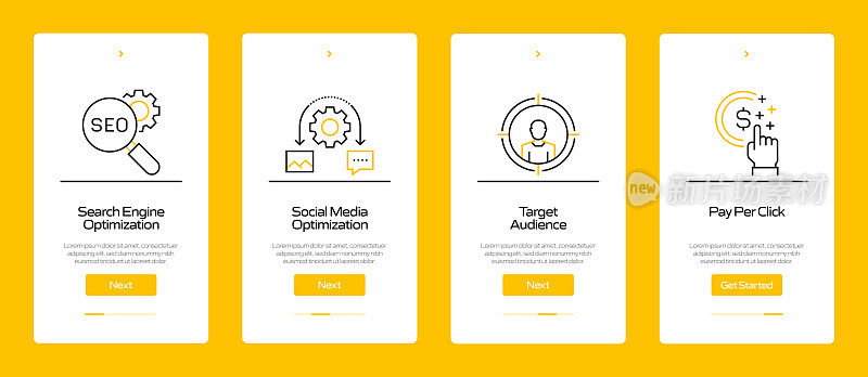 搜索引擎优化概念Onboarding移动应用程序页面屏幕与平面图标。UI设计模板矢量插图