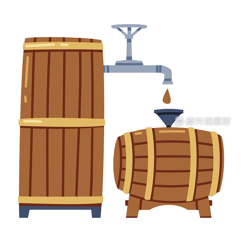 威士忌饮料过程中倒入木桶或木桶存储和成熟矢量插图