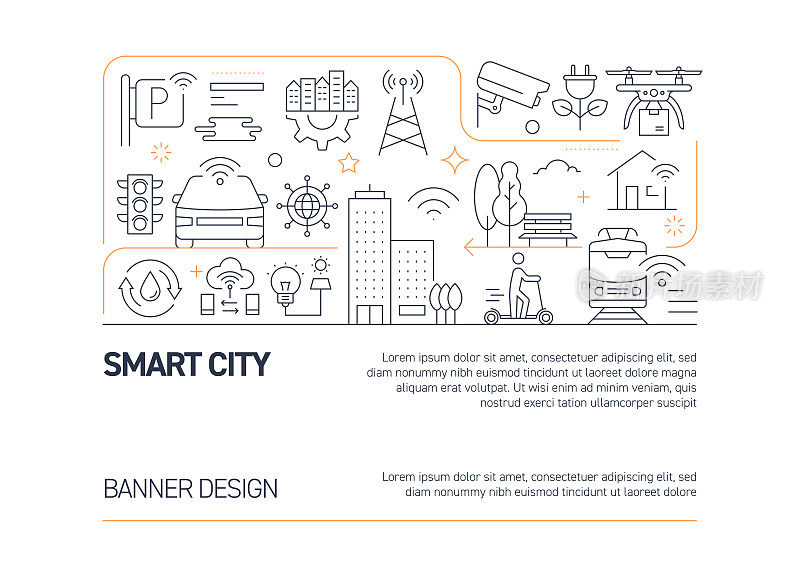 智慧城市相关矢量横幅设计概念，现代线条风格与图标