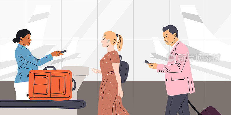 机场登机登记机场旅客排队离境的概念。签入平面矢量插图。旅客办理登机手续、称重和行李托运。