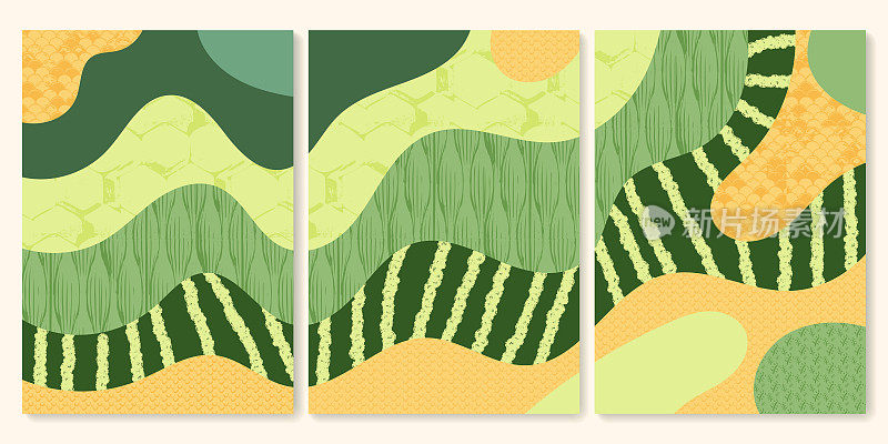 一组抽象的形状绿色田野从鸟瞰图。极简主义夏季田野景观海报收集。乡村景色，垃圾质感。设计元素的社会媒体后，横幅，卡片，背景