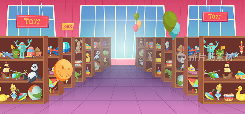 玩具对孩子。在游戏商店内部的货架为快乐的孩子们不同的玩具恐龙机器人砖块运输和软动物精确矢量彩色背景在卡通风格