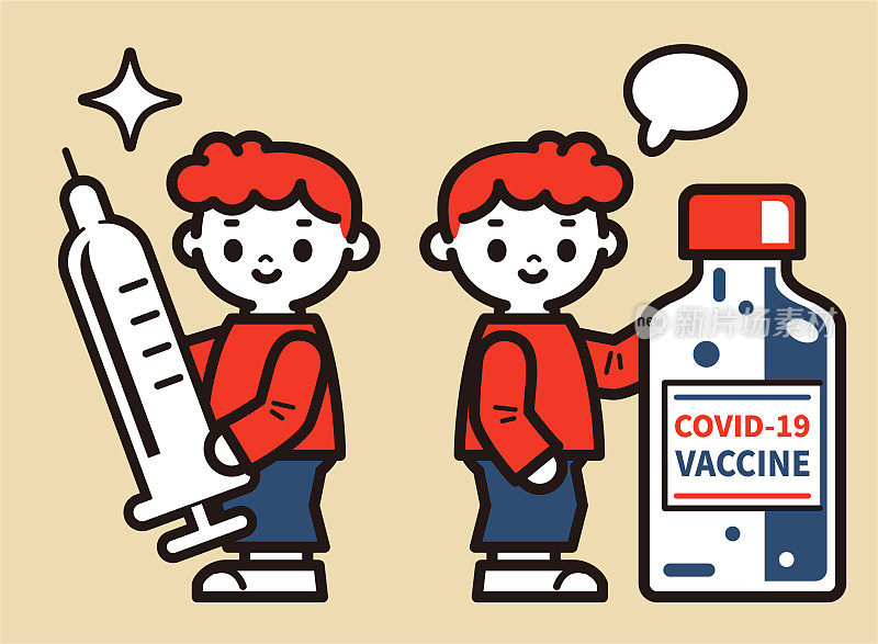 可爱的男孩拿着疫苗瓶和注射器对抗冠状病毒(COVID-19，流感病毒)