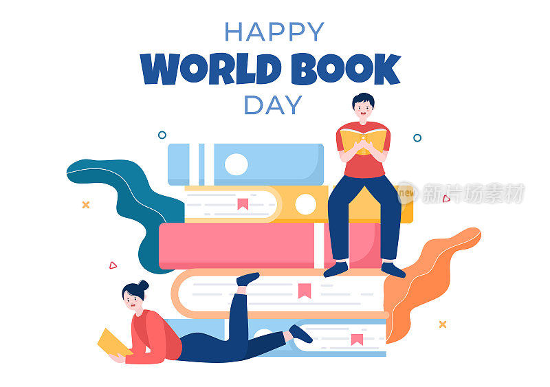 世界图书日平面漫画背景插图。堆叠的书籍阅读，增加洞察力和知识适合壁纸或海报