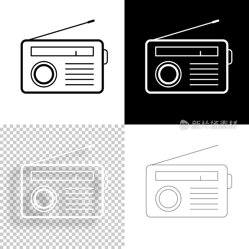 收音机。图标设计。空白，白色和黑色背景-线图标