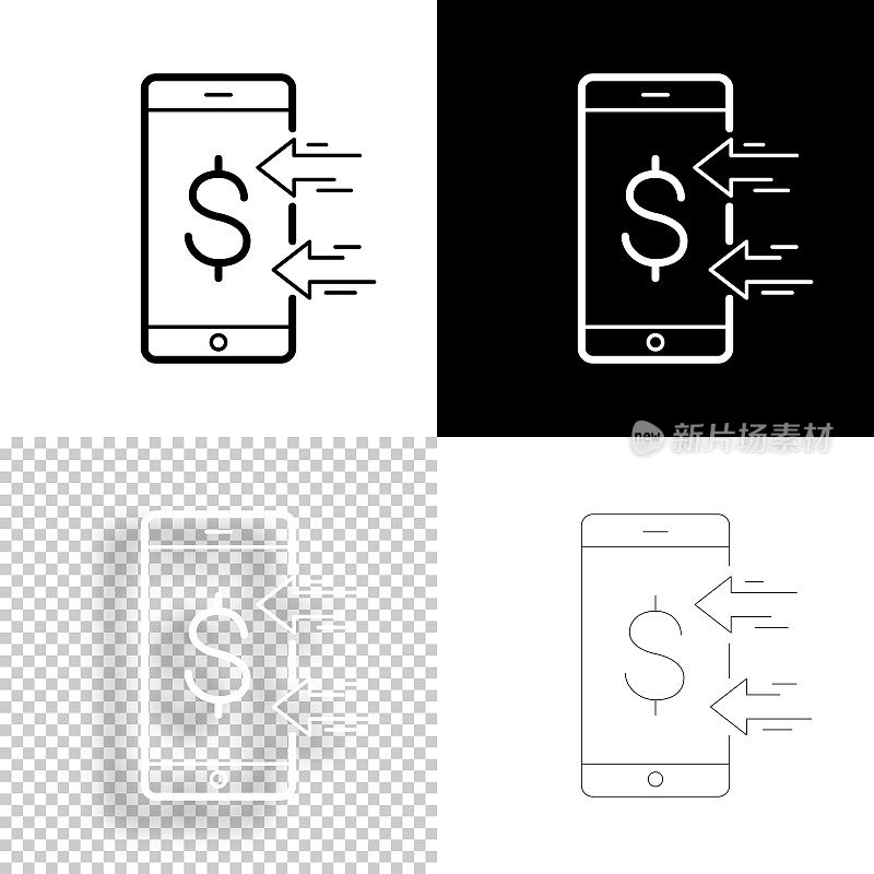 用智能手机接收美元。图标设计。空白，白色和黑色背景-线图标