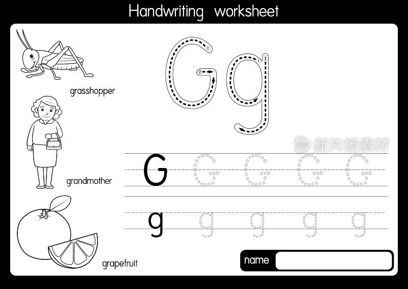 黑白矢量插图与字母G大写字母或大写字母的儿童学习练习ABC