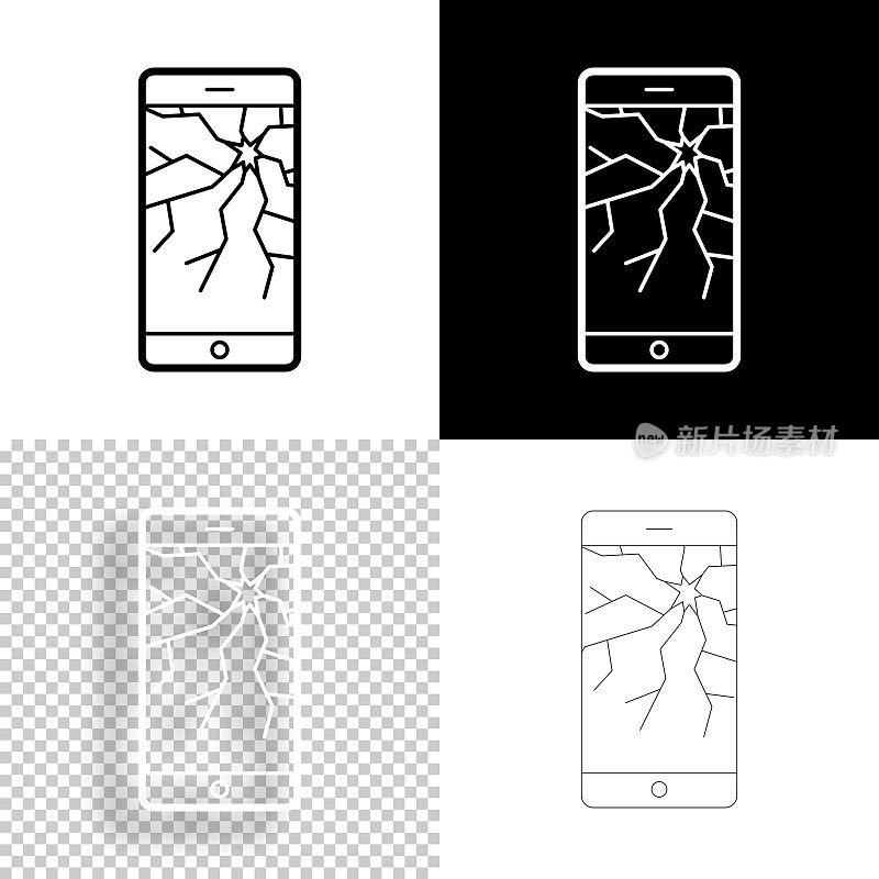 屏幕坏掉的智能手机。图标设计。空白，白色和黑色背景-线图标