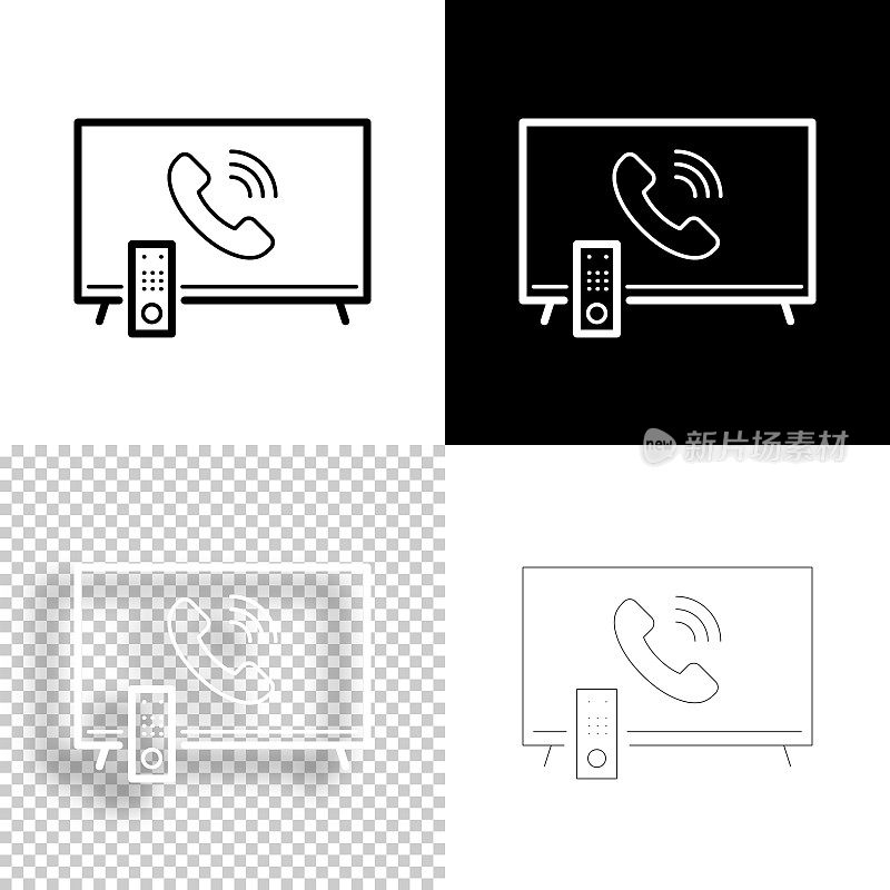 有来电的电视。图标设计。空白，白色和黑色背景-线图标