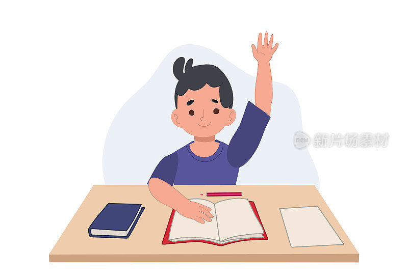 在教室里，坐在书桌前的男生正在举手回答问题或提问。卡通矢量插图。