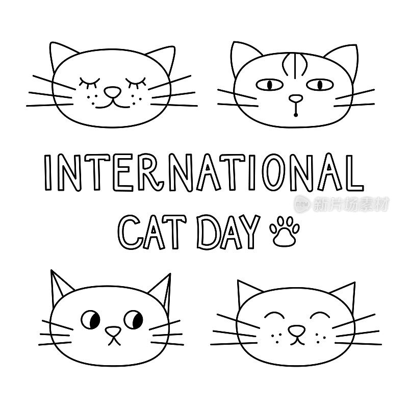 国际猫日线性矢量卡。孤立轮廓猫的卡通头像和手写文字上的白色