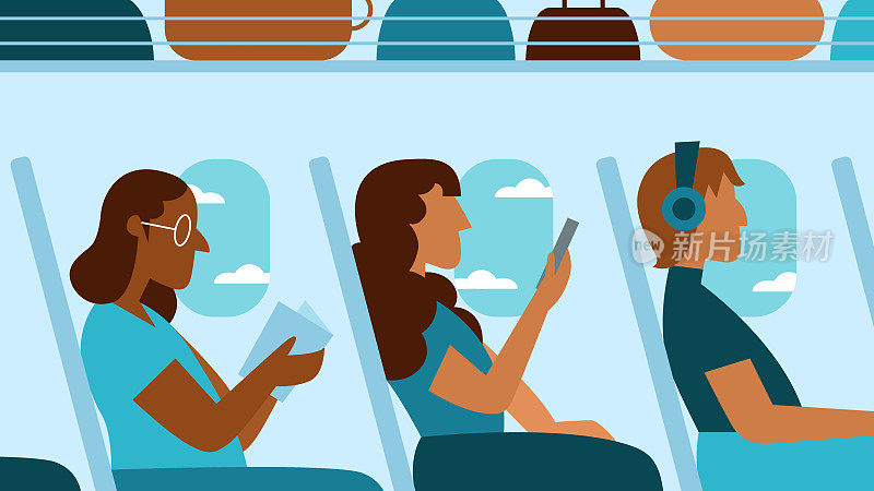 3名多种族女性乘客一边阅读一边玩手机