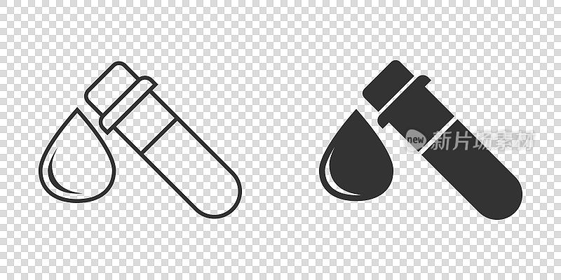 血液在试管图标在平面风格。孤立背景上的实验室烧瓶矢量图。烧杯液体标志的经营理念。
