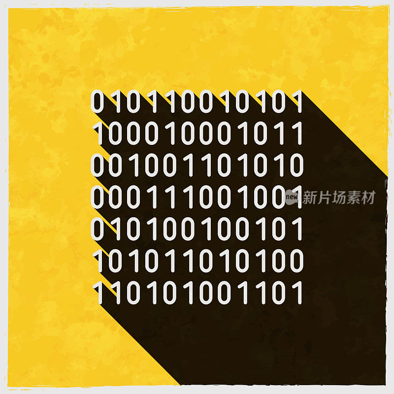 二进制代码。图标与长阴影的纹理黄色背景
