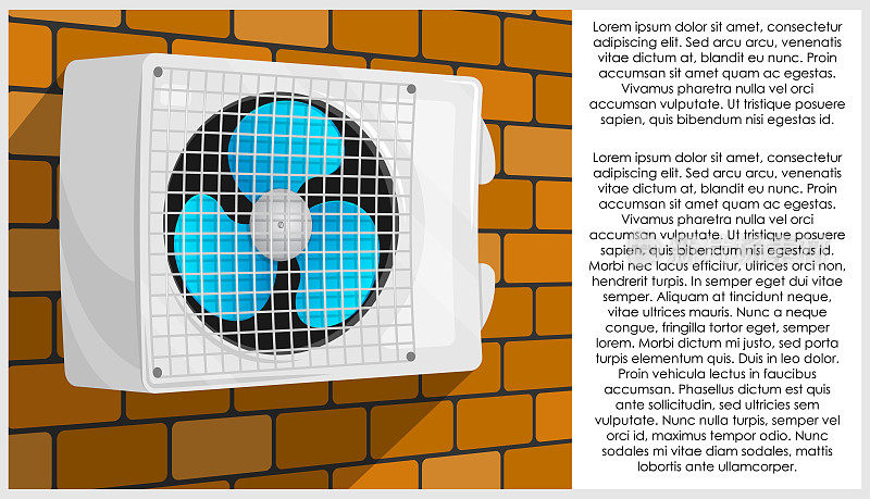空调机组挂在公寓楼砖墙上。保持办公室内舒适的温度。卡通的概念向量