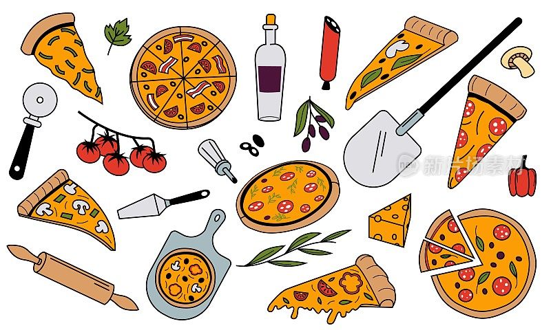 涂鸦比萨配料。色彩斑斓的意大利国菜配上芝士辣香肠番茄和橄榄油。矢量餐厅菜单图形元素
