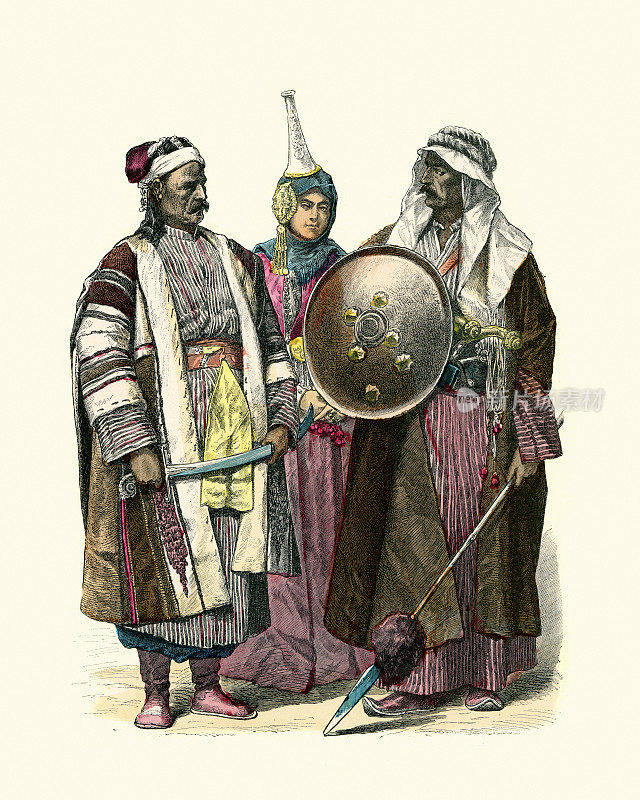 19世纪中东的传统服饰。巴尔卡，叙利亚，大马士革的女人和巴格达的阿拉伯人，19世纪的历史时尚