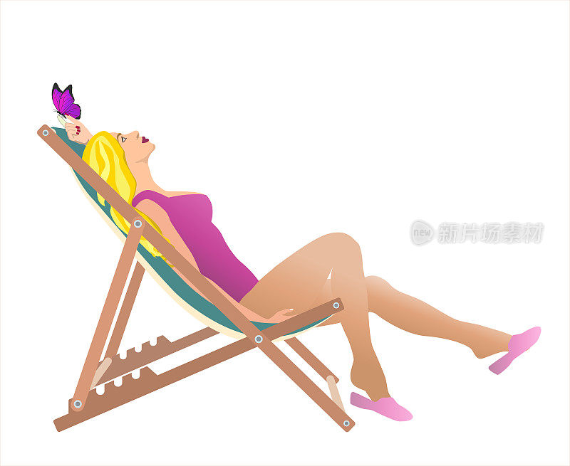 坐在躺椅上的女孩背景是白色的。穿着粉色泳装的金发女子躺在一张晒日光浴的躺椅上。矢量图