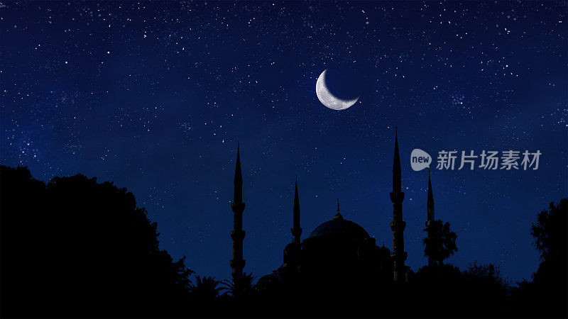 轮廓伊斯兰清真寺与背景模糊的星空和新月