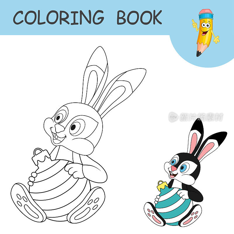 彩色书与卡通兔子坐和持有圣诞球。着色页上的无色和彩色示例野兔。工作表，贺卡或抗压力着色与新年艺术的孩子。