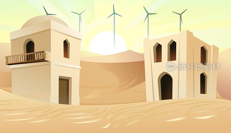 阿拉伯粘土小屋。沙漠中的风力涡轮机。中东土坯房。非洲和亚洲的传统房屋。向量。