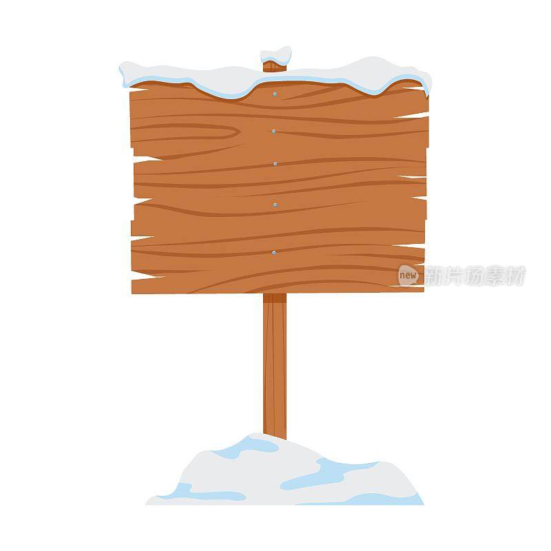 雪招牌，路标或横幅矢量插图。老式的木制歌唱覆盖着雪从木孤立在白色背景