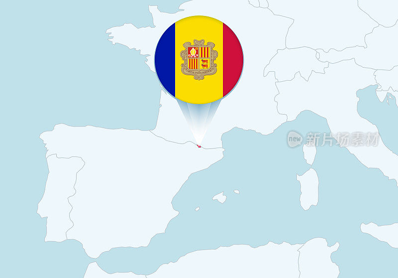 欧洲与选定的安道尔地图和安道尔旗帜图标。