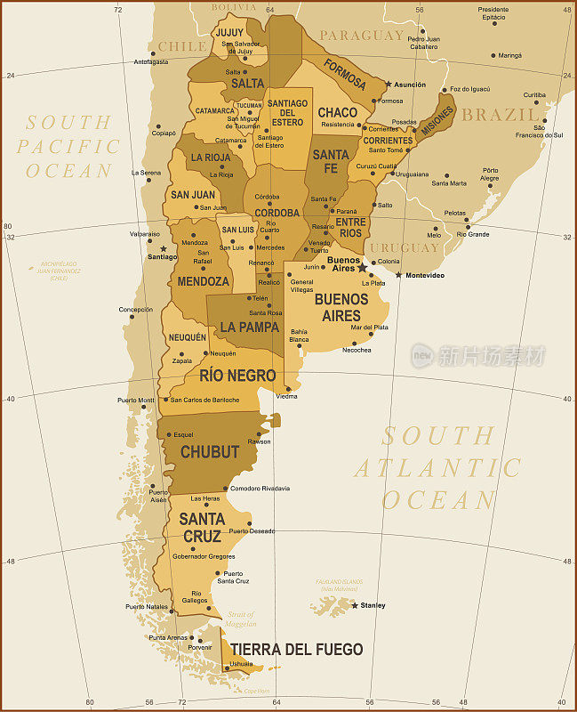 高详细的黄金复古阿根廷地图