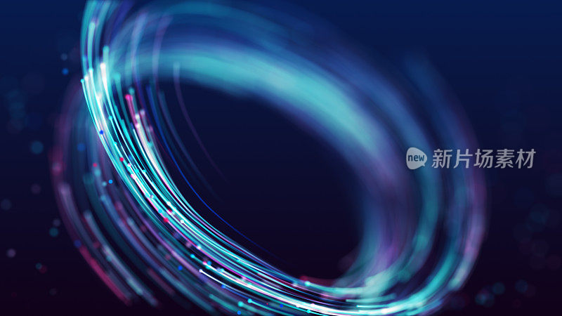 三维抽象蓝色和紫色粒子涡旋设计。数码光辉光粒子龙卷风背景。