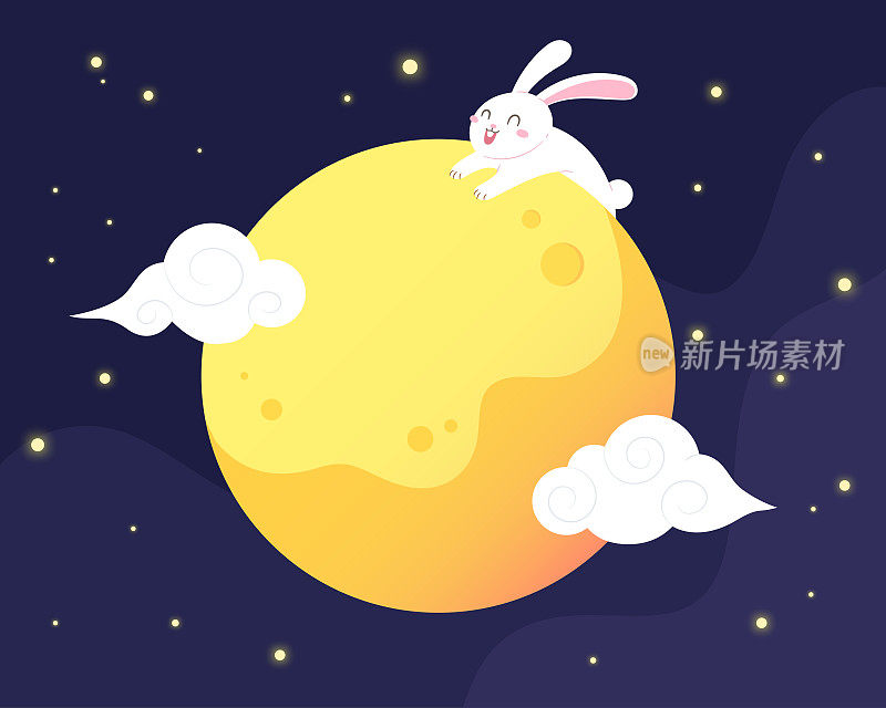 可爱的小白兔在明亮的月亮上，云朵在星星之间。插图中秋节，中秋节或兔对月亮的故事给孩子们。