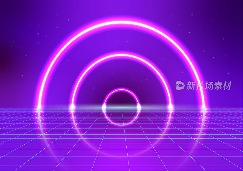 粉红色霓虹灯辉光循环反射在蓝色网格地板赛博朋克未来主义抽象背景