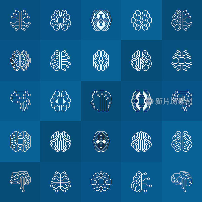 AI智能大脑线性图标。矢量AI数字大脑轮廓标志