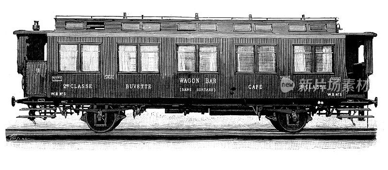 古董插图:火车车厢餐厅餐车