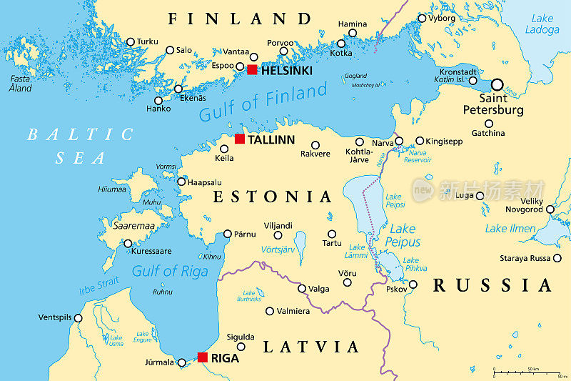 芬兰湾和里加湾地区，北欧国家，政治地图