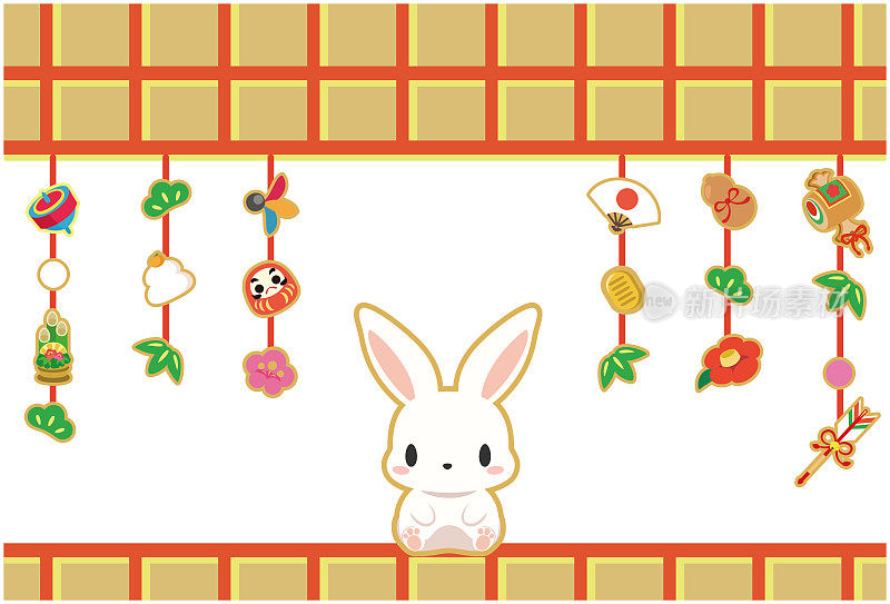 2023年日本新年贺卡兔和装饰。