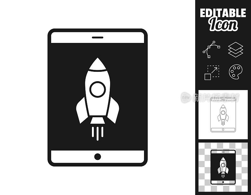 带火箭的平板电脑。图标设计。轻松地编辑