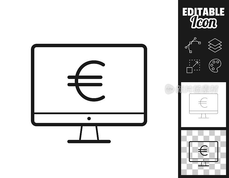 带有欧洲标志的台式电脑。图标设计。轻松地编辑