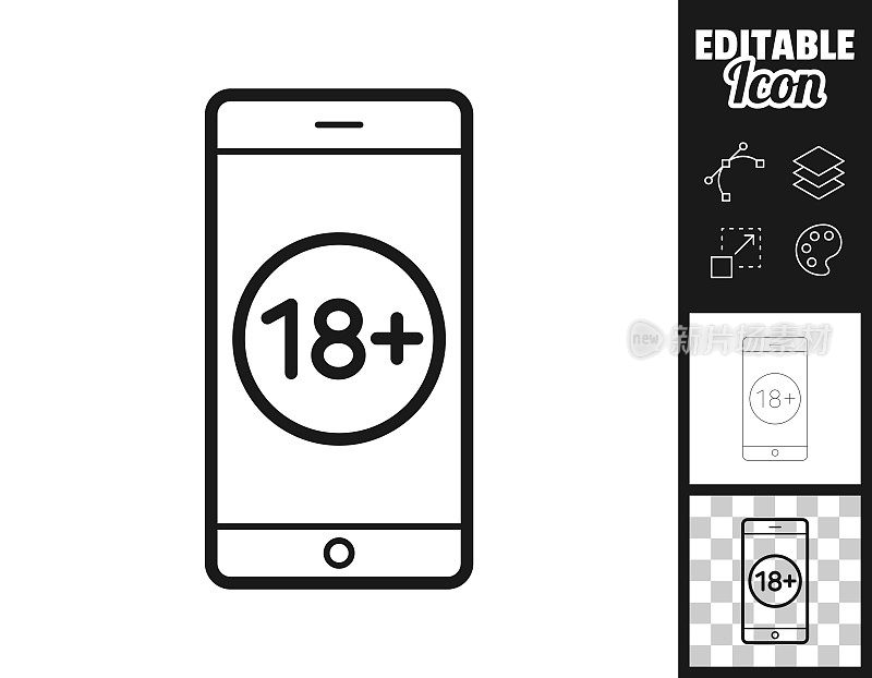 带有18+号的智能手机。图标设计。轻松地编辑