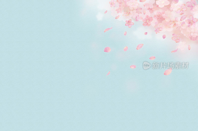 梦幻般的水彩插图背景与天空和落下的樱花花瓣