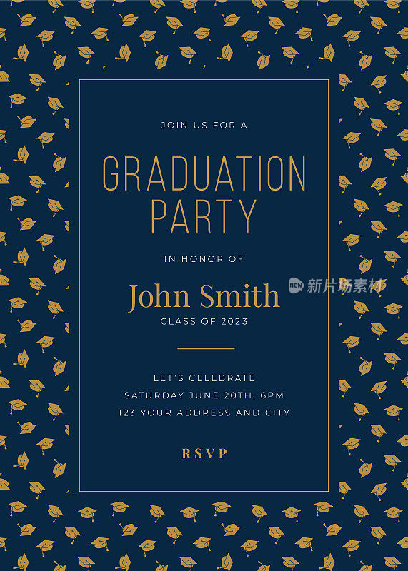 2023年的毕业班。聚会的邀请。用图标元素设计模板。