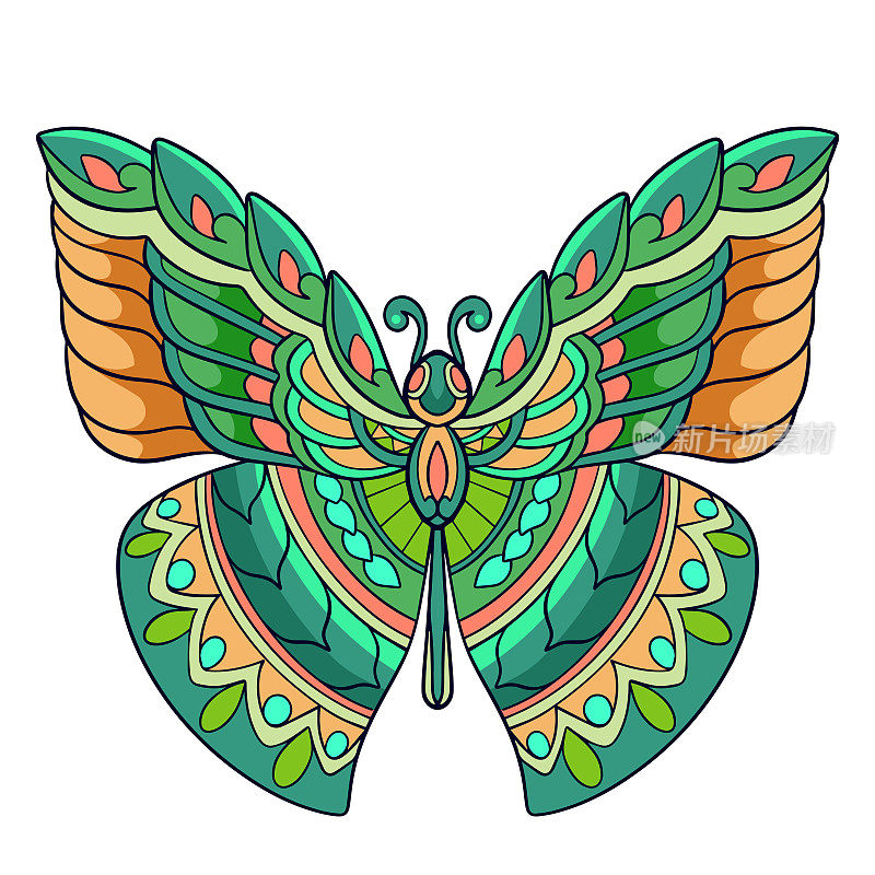 彩色蝴蝶曼荼罗艺术孤立在白色背景。
