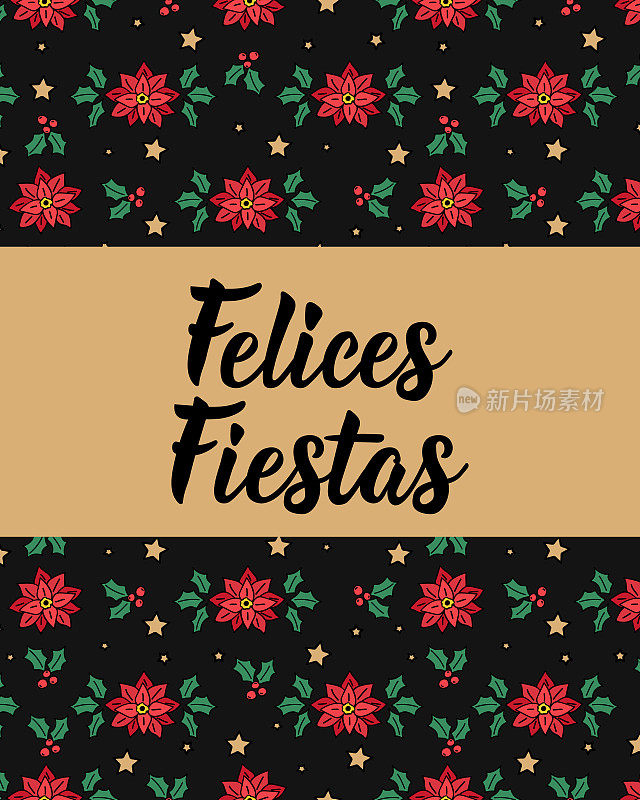 圣诞贺卡。节日快乐——用西班牙语说。节日快乐。刻字。
